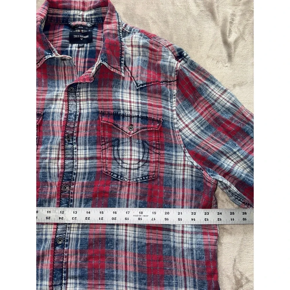 True Religion Men's Plaid Shirt Slim Fit Long Sleeve Red Blue Western Size‎ 2XL